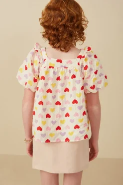 Girls Textured Ruffle Detail Heart Print Top