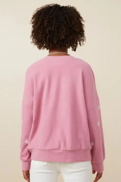 Brushed Textured Floral Embroidered Sweatshirt