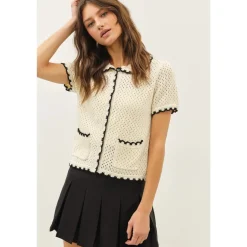 Contrast Scallop Cardigan - Black/Cream