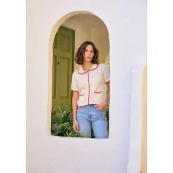 Contrast Scallop Cardigan - Red/Cream