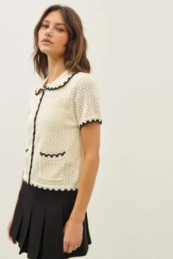 Contrast Scallop Cardigan - Black/Cream