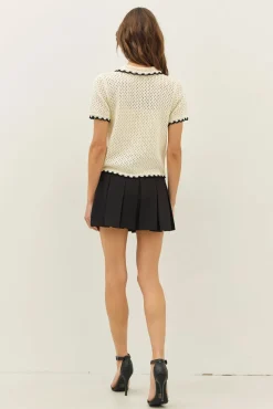 Contrast Scallop Cardigan - Black/Cream
