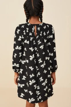 Ditsy Bow Print Smock Detail Dress