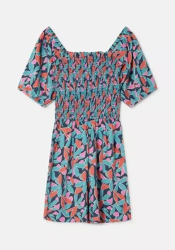 Floral Bird of Paradise Print Smocked Playsuit
