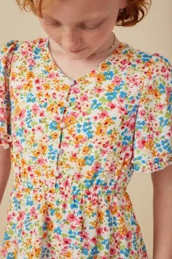 Girls Ditsy Floral Ruffle Tiered Button Dress