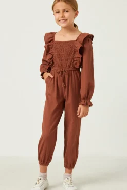 Girls Textured Smocked Bodice Ruffled Jumpsuit