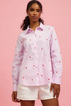 Poplin Heart Embroidery Shirt - Lavender/Red