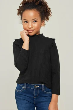 Ribbed Ruffle Mock Neck Long Sleeve Top - Black