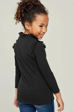 Ribbed Ruffle Mock Neck Long Sleeve Top - Black