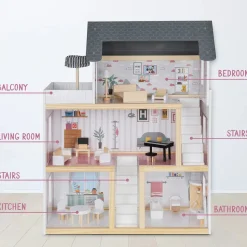 3-Story Wooden Doll House Set W/Elevator, Balcony & Stairs