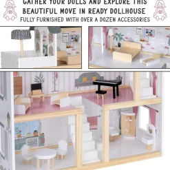 3-Story Wooden Doll House Set W/Elevator, Balcony & Stairs