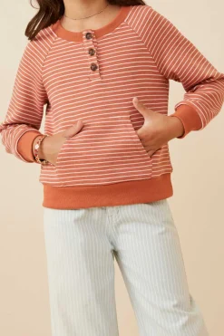 Striped Kangaroo Pocket Long Sleeve Henley - Rust