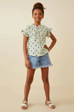 Textured Floral Print Ruffle Collar Shirt